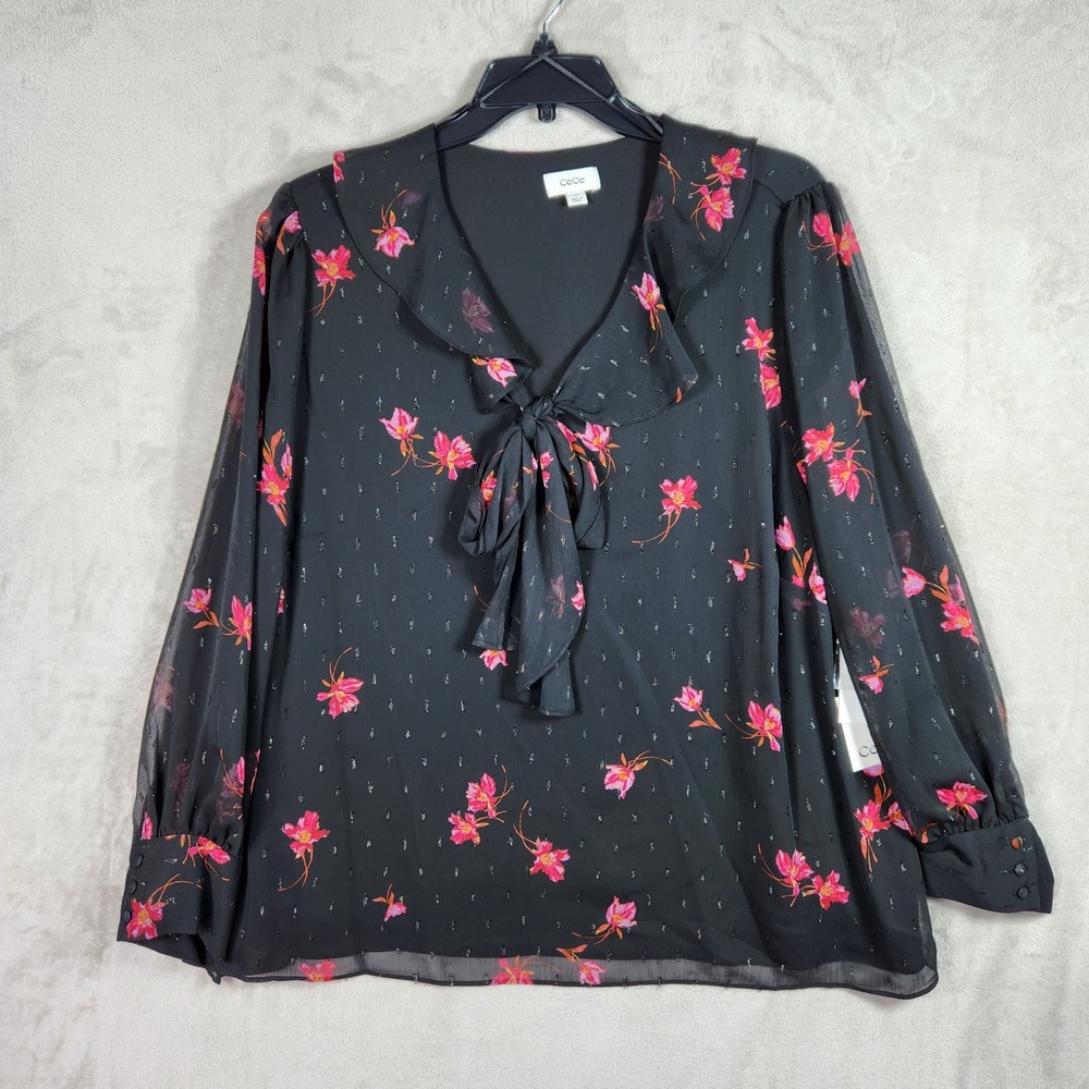 CeCe Blouse Womens 3X Black Floral Tie Neck Lurex Clip Dot Romantic Career Top